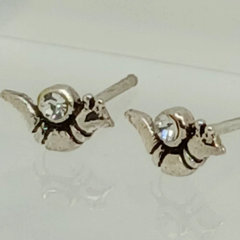 Vintage 1990s Thai Sterling Silver 925 Snail Stud Earrings Crystal Tiny Nature